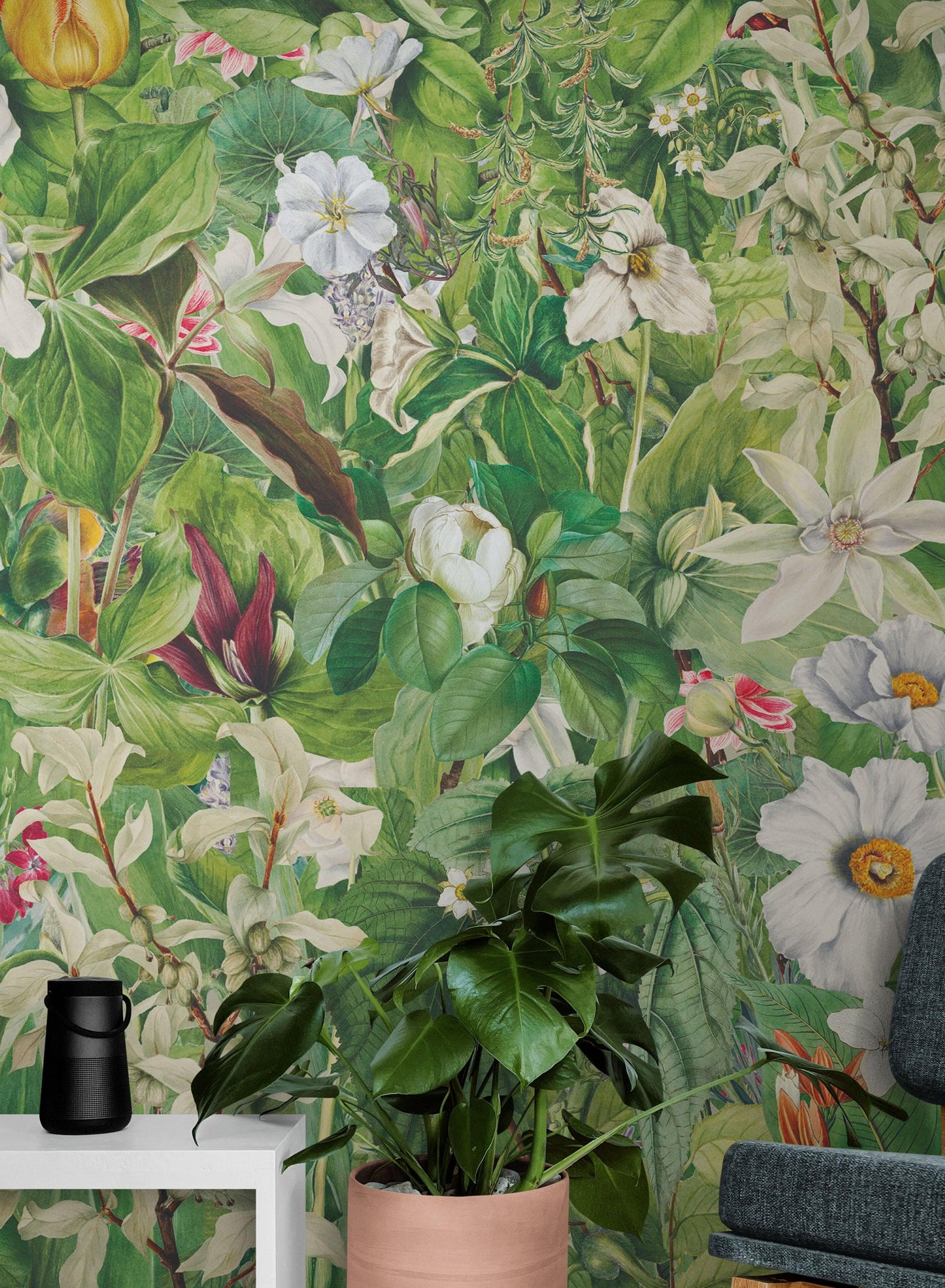 Botanical Vegetation Garden Wall Mural. Color Pencil Artwork of Flower Garden Peel and Stick Wallpaper. Rainforest Jungle Botanical Flowers and Leafs Background. #6449