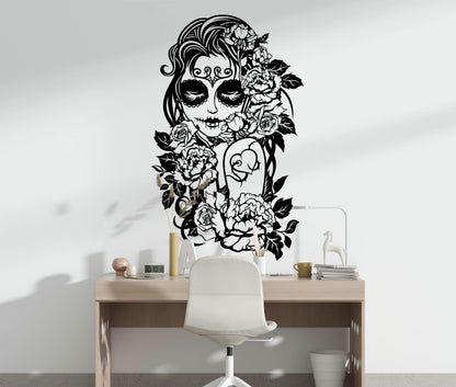 Sugar Skull Flower Girl Wall Decal. Mexican Girl Day of the Dead (Die De Los Muertos) #6450