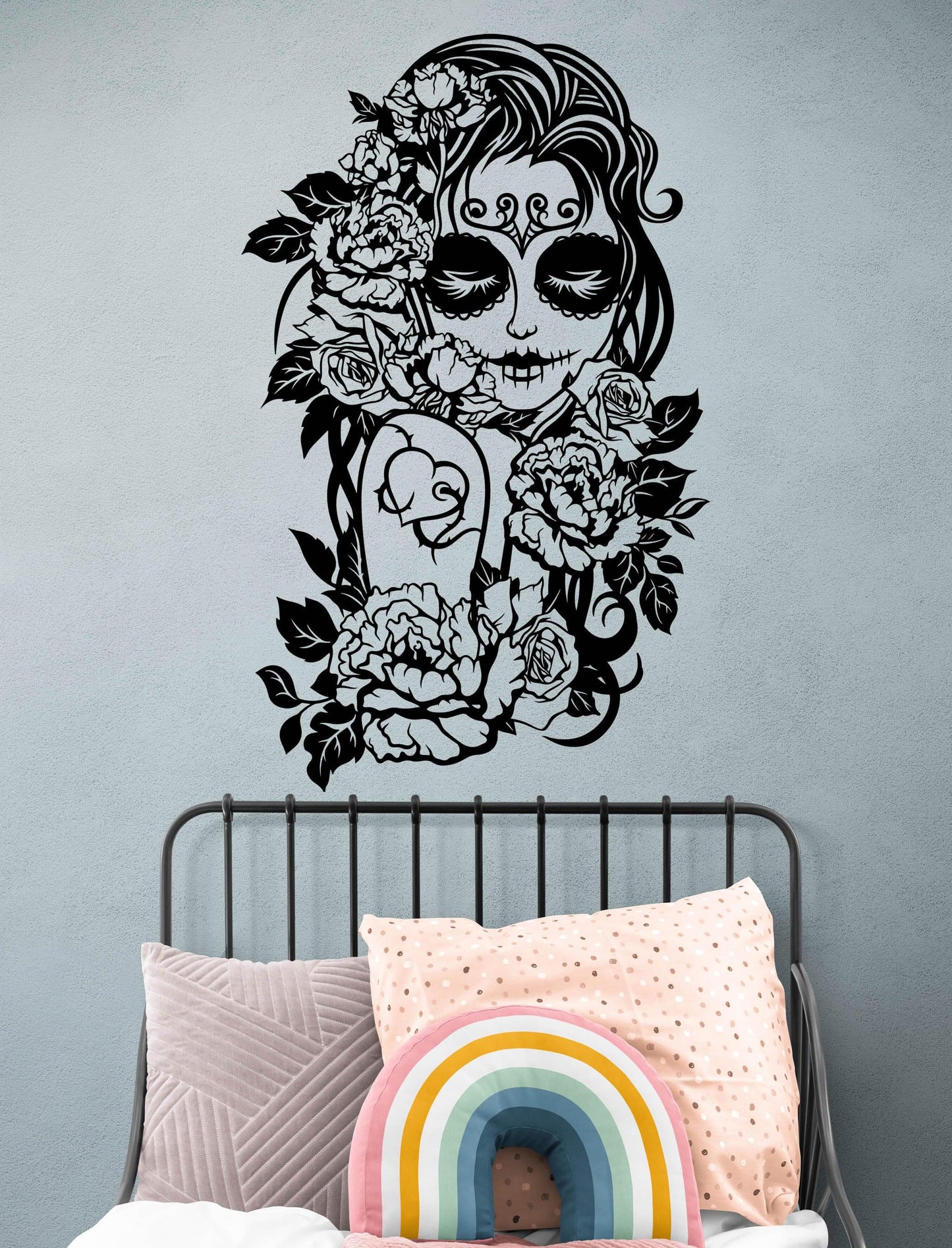 Sugar Skull Flower Girl Wall Decal. Mexican Girl Day of the Dead (Die De Los Muertos) #6450