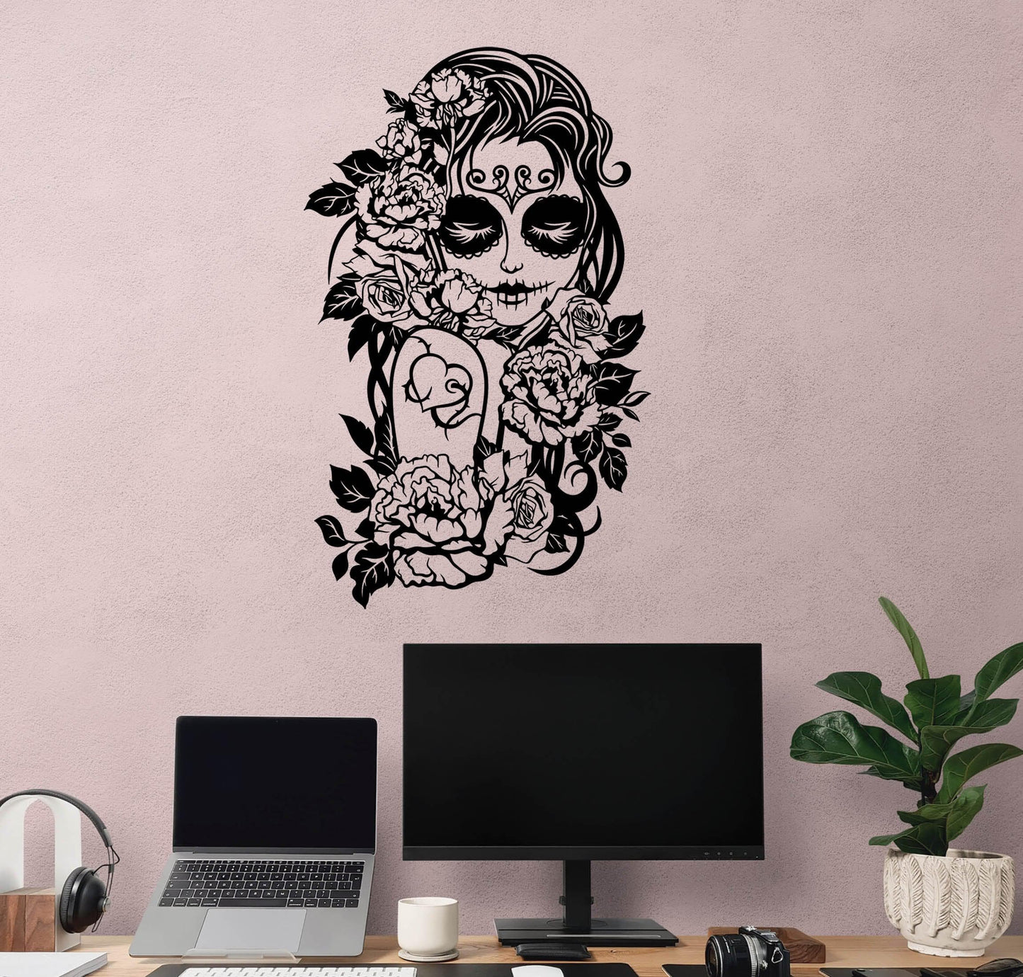 Sugar Skull Flower Girl Wall Decal. Mexican Girl Day of the Dead (Die De Los Muertos) #6450