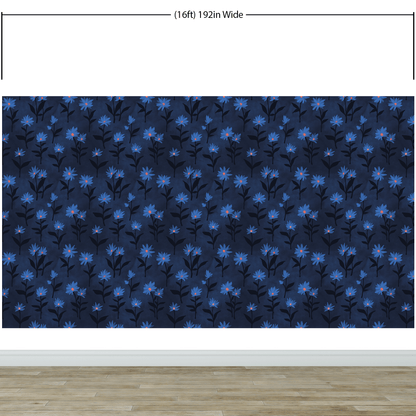 Blue Color Flower Wall Mural Pattern. Dark Navy Blue Background. #6451