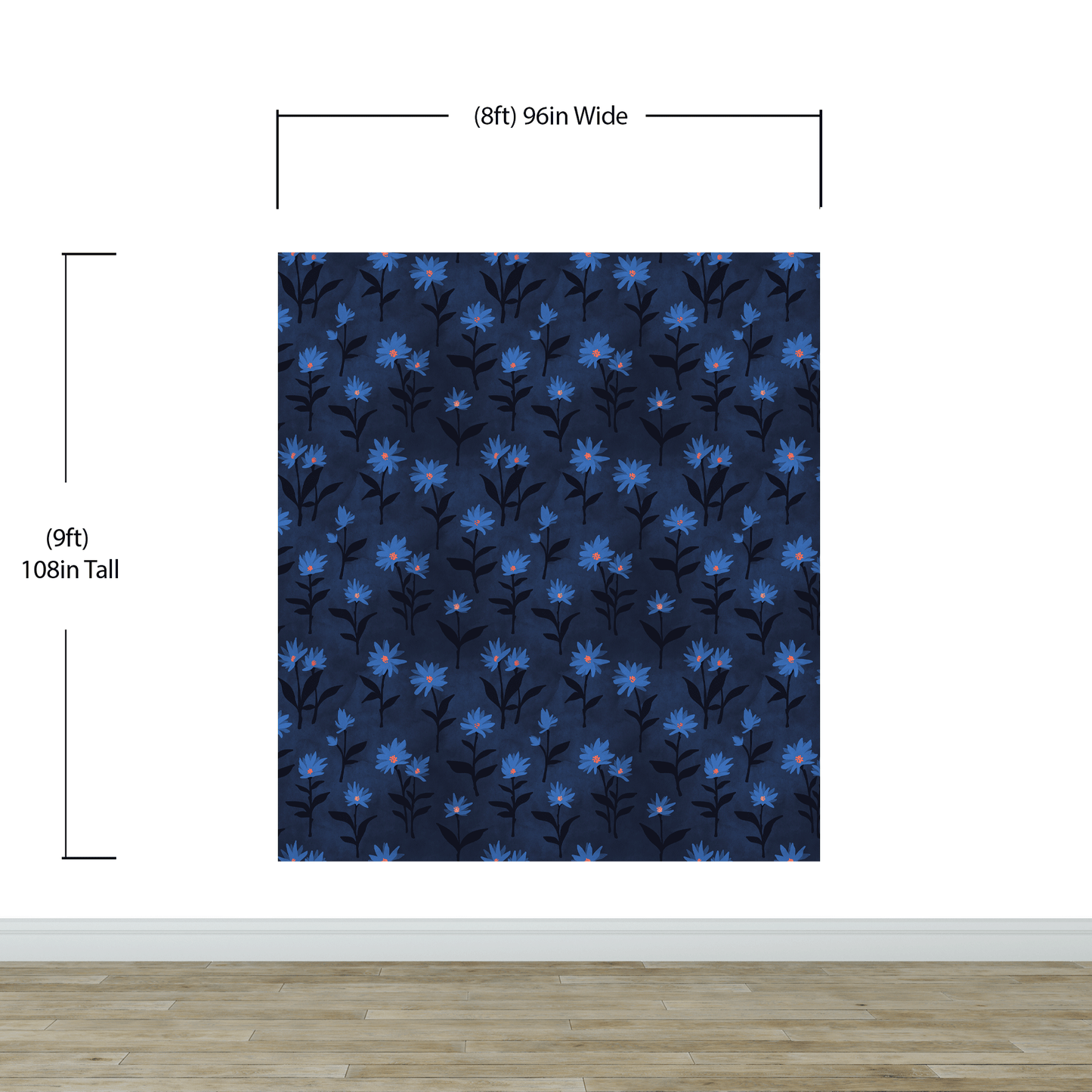 Blue Color Flower Wall Mural Pattern. Dark Navy Blue Background. #6451