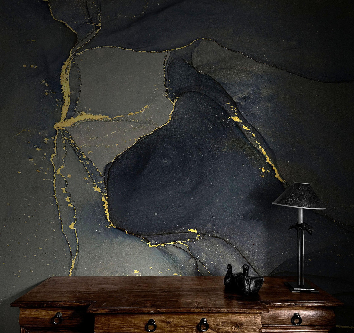 Abstract Black and Gold Agate Marble Stone Pattern Wall Mural. Removable Peel and Stick Wallpaper. #6454