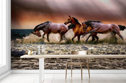 Wild Horses Galloping on Beach Wall Mural. Peel and Stick Wallpaper. #6458