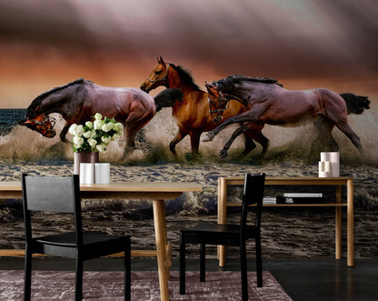 Wild Horses Galloping on Beach Wall Mural. Peel and Stick Wallpaper. #6458