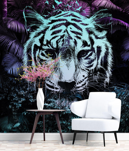 Tiger in Rainforest Wall Mural. Neon Color Pop Modern Decor. #6459
