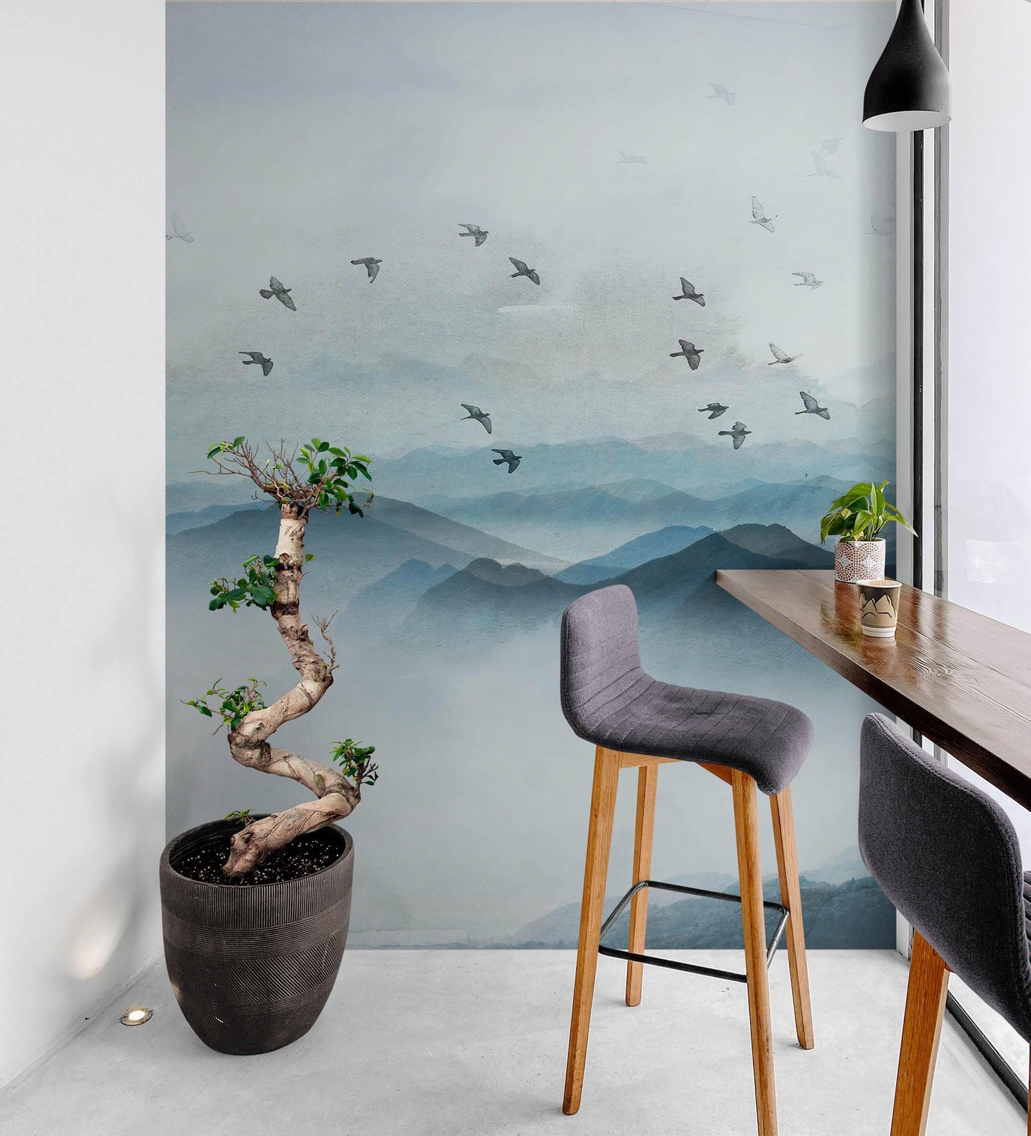 Birds Migrating Over Mountain Wall Mural. Asian Theme Peel and Stick Wallpaper. #6467