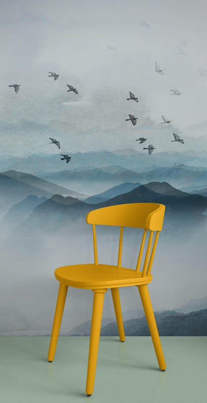 Birds Migrating Over Mountain Wall Mural. Asian Theme Peel and Stick Wallpaper. #6467