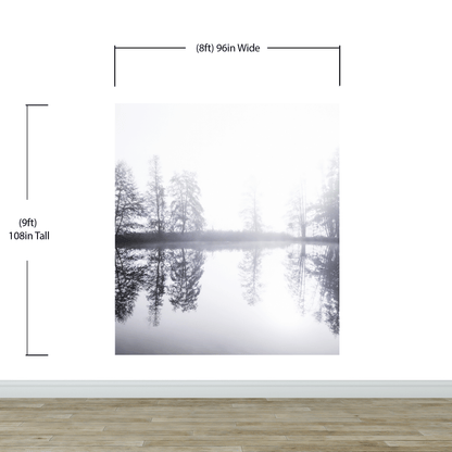 Foggy Woodland Wall Mural. Warm Grey Misty Forest Lakeview Peel and Stick Wallpaper. #6474