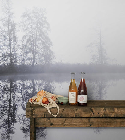 Foggy Woodland Wall Mural. Warm Grey Misty Forest Lakeview Peel and Stick Wallpaper. #6474