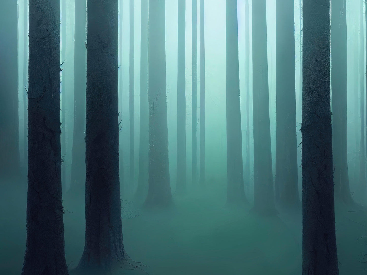 Foggy Forest Wall Mural. Emerald Green Mist Wallpaper. #6476