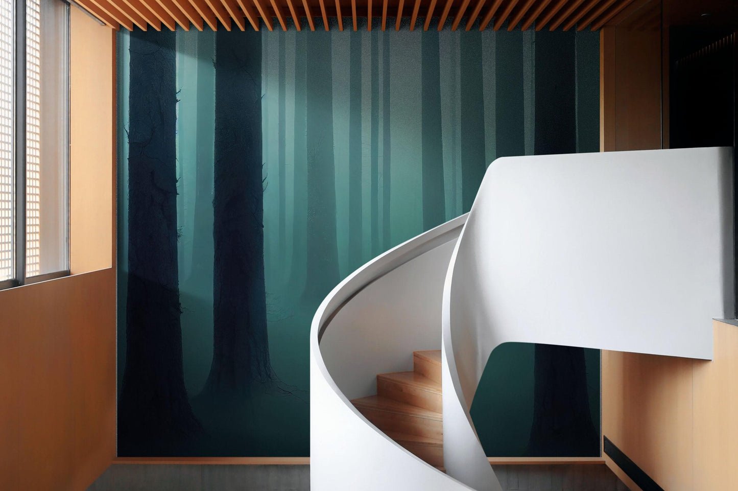 Foggy Forest Wall Mural. Emerald Green Mist Wallpaper. #6476