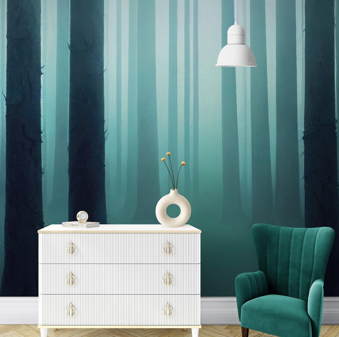 Foggy Forest Wall Mural. Emerald Green Mist Wallpaper. #6476