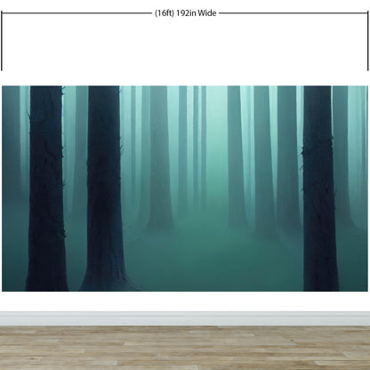 Foggy Forest Wall Mural. Emerald Green Mist Wallpaper. #6476