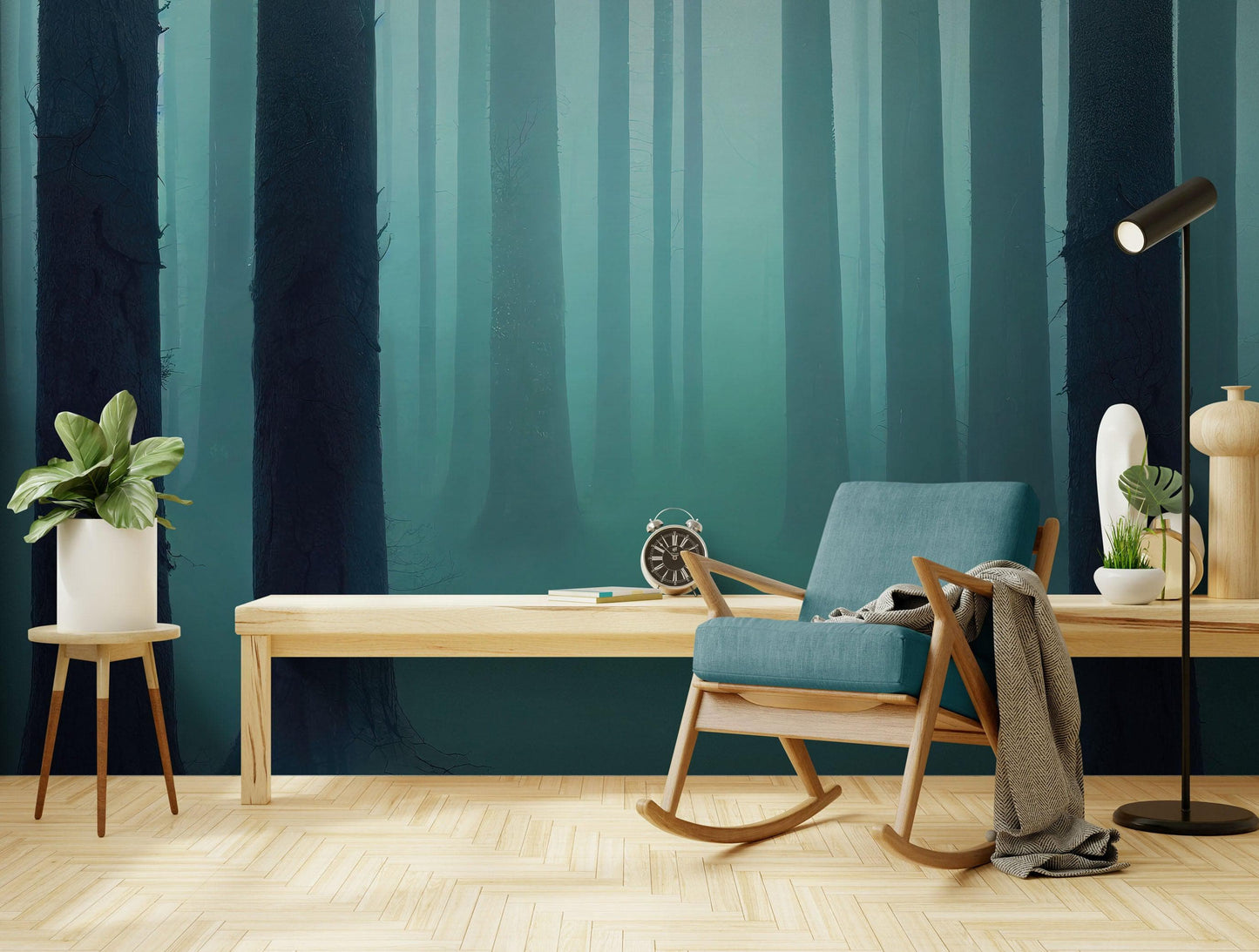 Foggy Forest Wall Mural. Emerald Green Mist Wallpaper. #6476