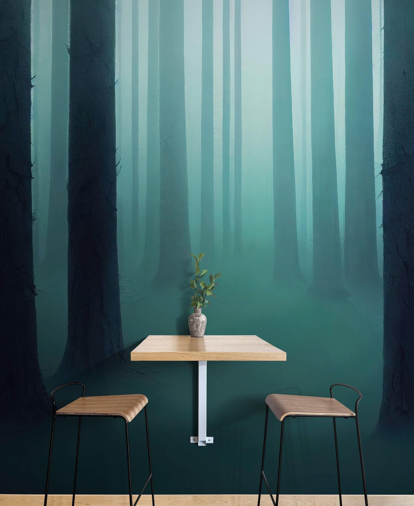 Foggy Forest Wall Mural. Emerald Green Mist Wallpaper. #6476