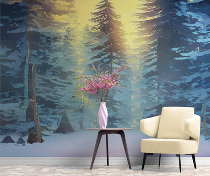 Big Sequoia Tree Wall Mural. Snow on Trees Peel and Stick Wall Mural. #6490