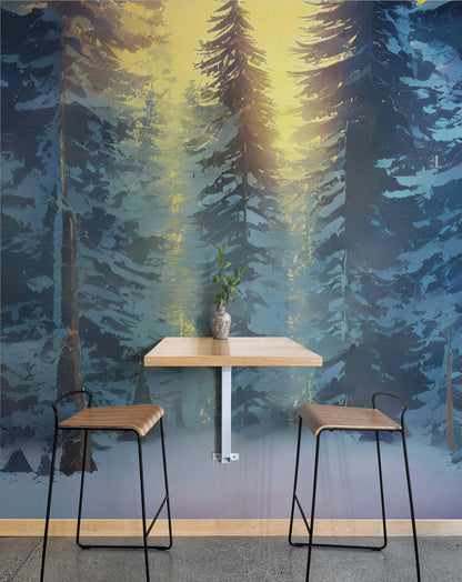 Big Sequoia Tree Wall Mural. Snow on Trees Peel and Stick Wall Mural. #6490