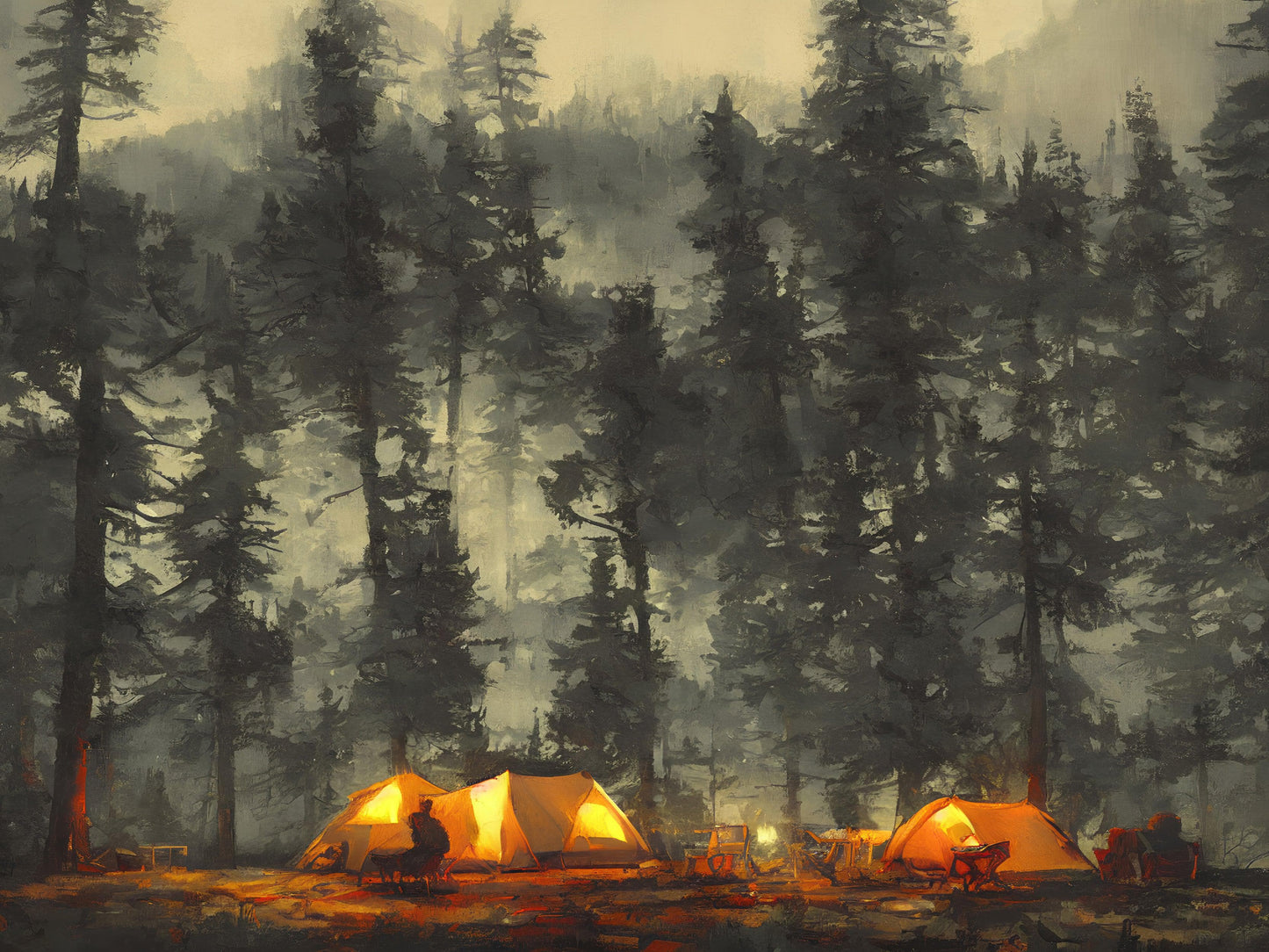 Camping Under the Stars Painting Wallpaper. Woodland Forest Wall Mural. Nature Wall Decor. #6492