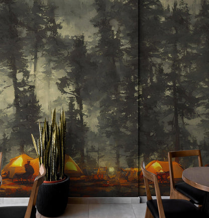 Camping Under the Stars Painting Wallpaper. Woodland Forest Wall Mural. Nature Wall Decor. #6492