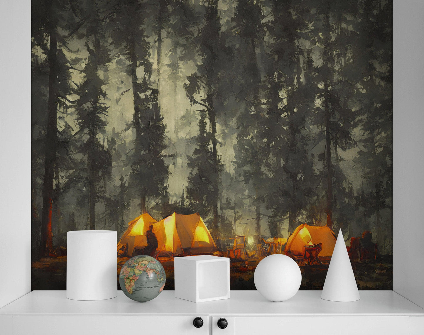 Camping Under the Stars Painting Wallpaper. Woodland Forest Wall Mural. Nature Wall Decor. #6492