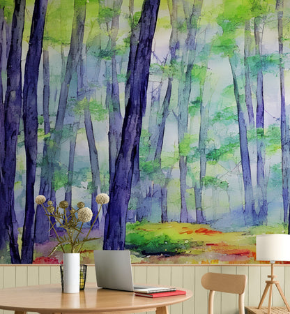 Watercolor Forest Wallpaper. Colorful Forest Peel and Stick Wall Mural. #6493