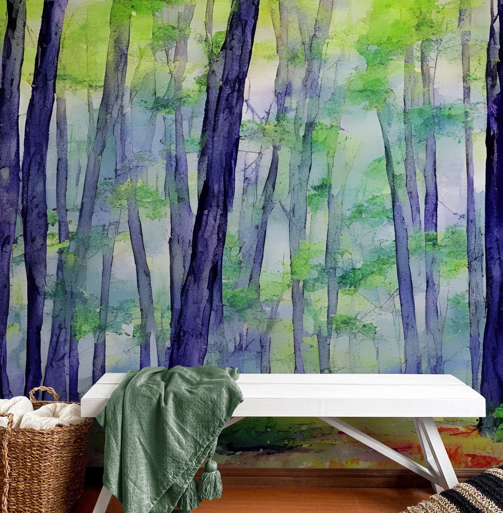 Watercolor Forest Wallpaper. Colorful Forest Peel and Stick Wall Mural.  #6493