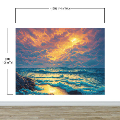 Dramatic Scene of a Sunset Over Blue Ocean Wall Mural Peel and Stick Wallpaper. #6495