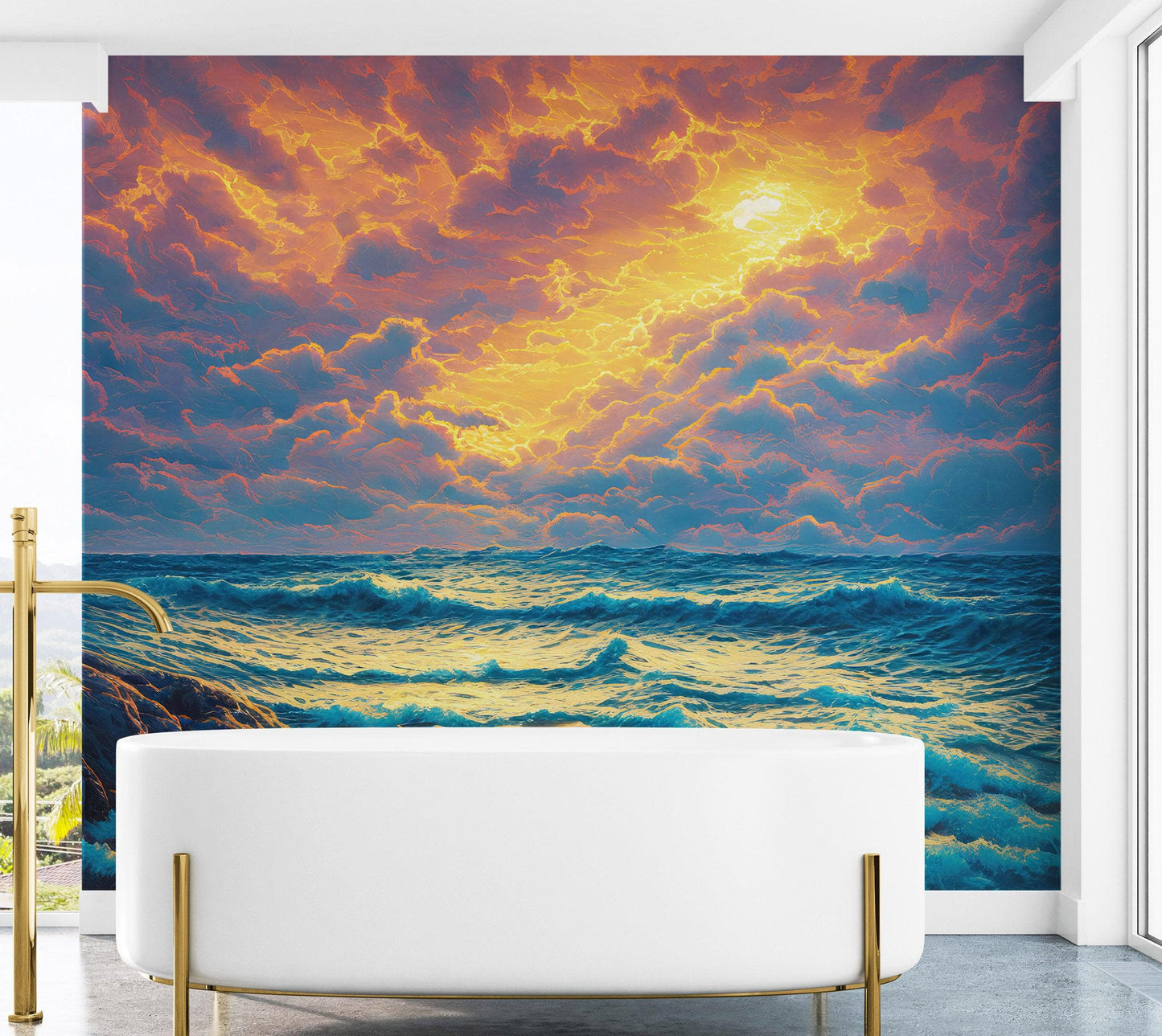 Dramatic Scene of a Sunset Over Blue Ocean Wall Mural Peel and Stick Wallpaper. #6495