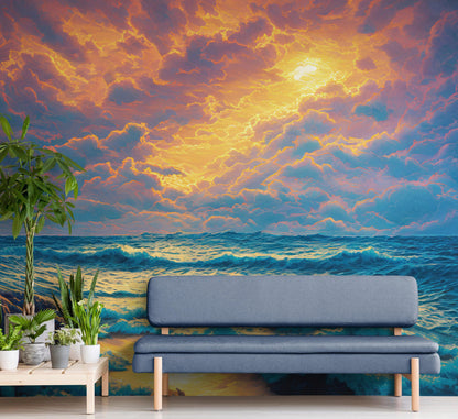 Dramatic Scene of a Sunset Over Blue Ocean Wall Mural Peel and Stick Wallpaper. #6495