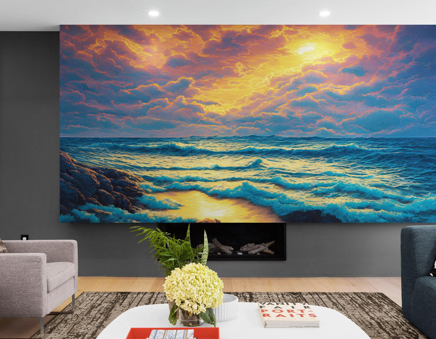 Dramatic Scene of a Sunset Over Blue Ocean Wall Mural Peel and Stick Wallpaper. #6495