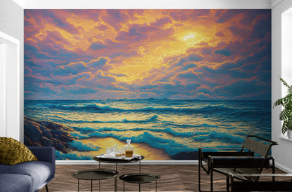 Dramatic Scene of a Sunset Over Blue Ocean Wall Mural Peel and Stick Wallpaper. #6495