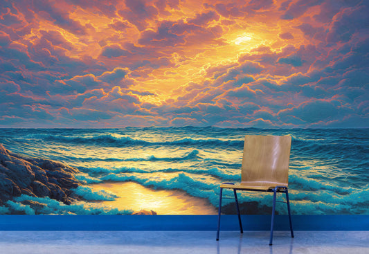 Dramatic Scene of a Sunset Over Blue Ocean Wall Mural Peel and Stick Wallpaper. #6495