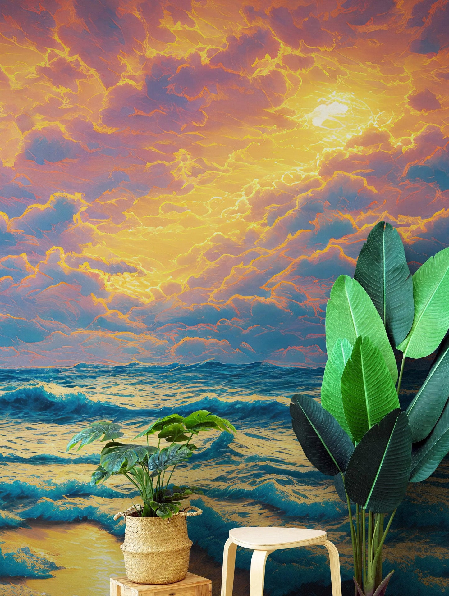 Dramatic Scene of a Sunset Over Blue Ocean Wall Mural Peel and Stick Wallpaper. #6495