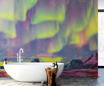 Aurora Borealis Wallpaper, Peel and Stick Wall Mural. Northern Lights Art Painting. Colorful Wallpaper. #6498