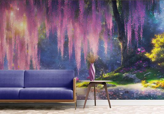 Enchanted Forest with Pink Cherry Blossom Tree Wall Mural. #6504