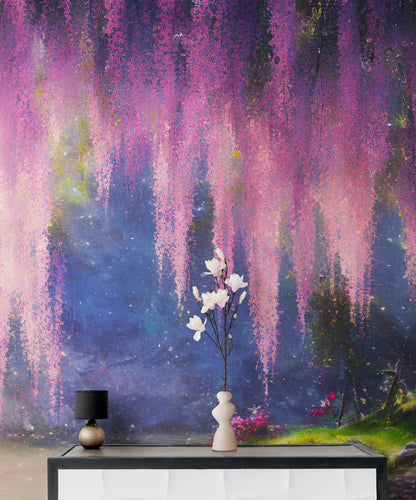 Enchanted Forest with Pink Cherry Blossom Tree Wall Mural. #6504