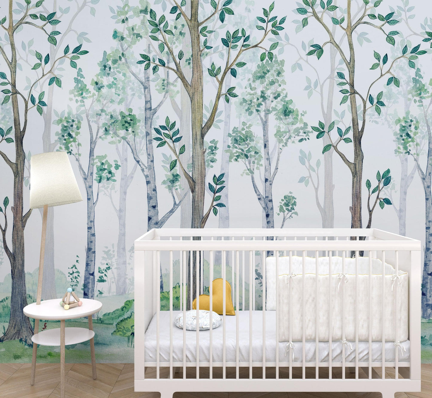 Nursery Woodland Forest Wallpaper. Watercolor Birch Tree Forest Wall Mural. #6525