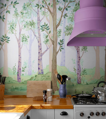 Colorful Nursery Woodland Forest Wallpaper. Watercolor Birch Tree Forest Wall Mural. #6527