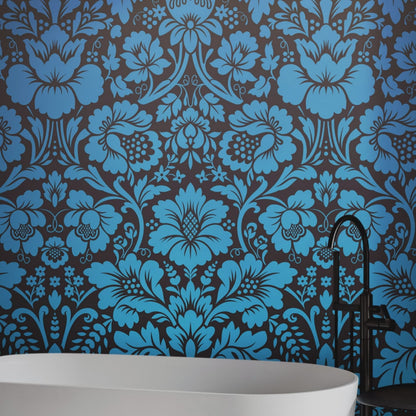 Damask Wallpaper Blue Color on Dark Background Pattern Wallpaper Peel and Stick Wall Mural Home Decor #6518