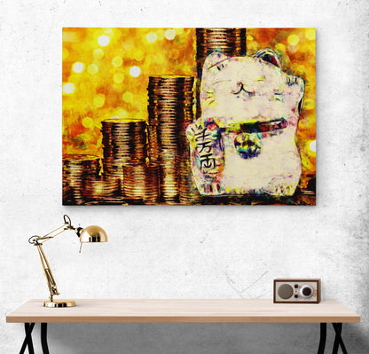 Lucky Cat Art Canvas for Prosperity and Good Fortune. Beckoning Cat, Fortune Cat Canvas. #C120