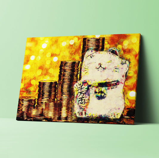 Lucky Cat Art Canvas for Prosperity and Good Fortune. Beckoning Cat, Fortune Cat Canvas. #C120