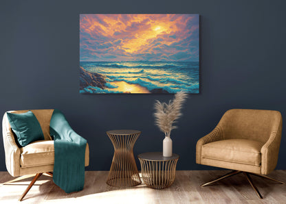 Sunset Over Blue Ocean Painting Canvas Print #C6495
