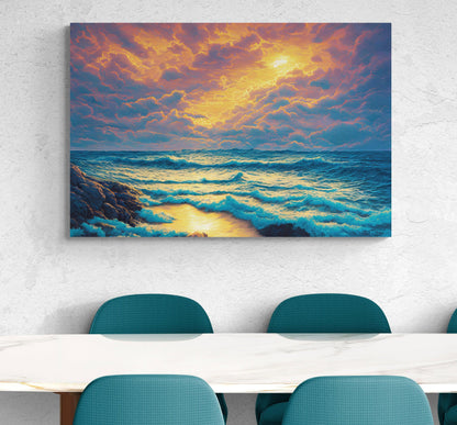Sunset Over Blue Ocean Painting Canvas Print #C6495