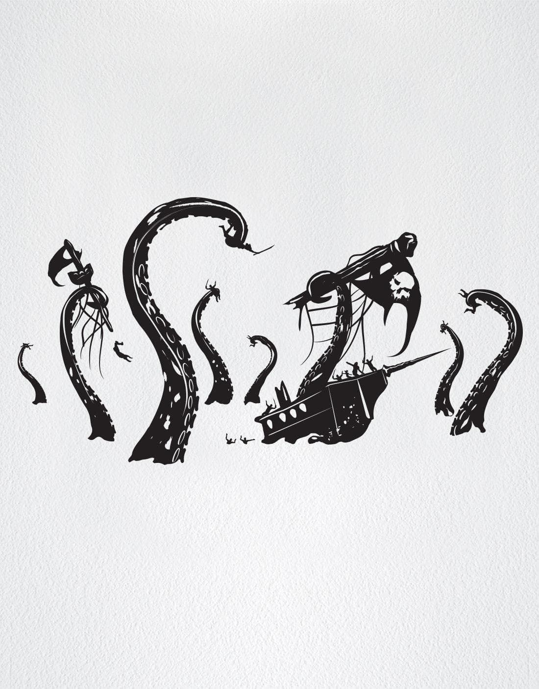 A black kraken and pirate ship decal on a white background.