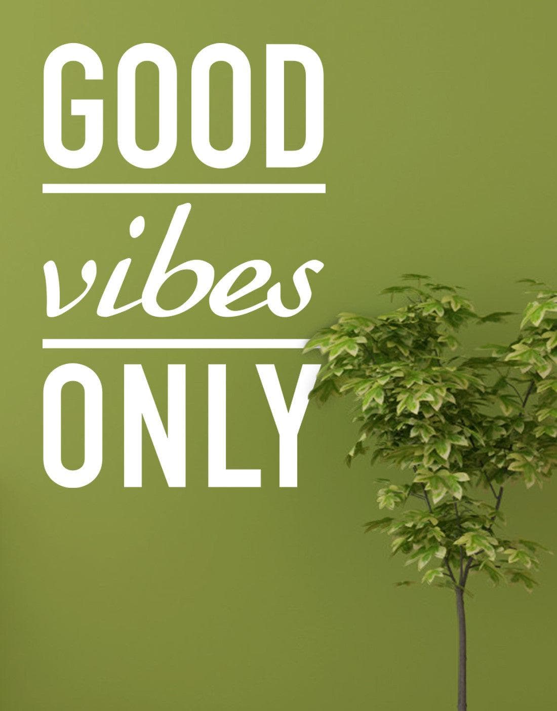 Good Vibes Only Motivational Vinyl Wall Decal on a green wall beside a plant.