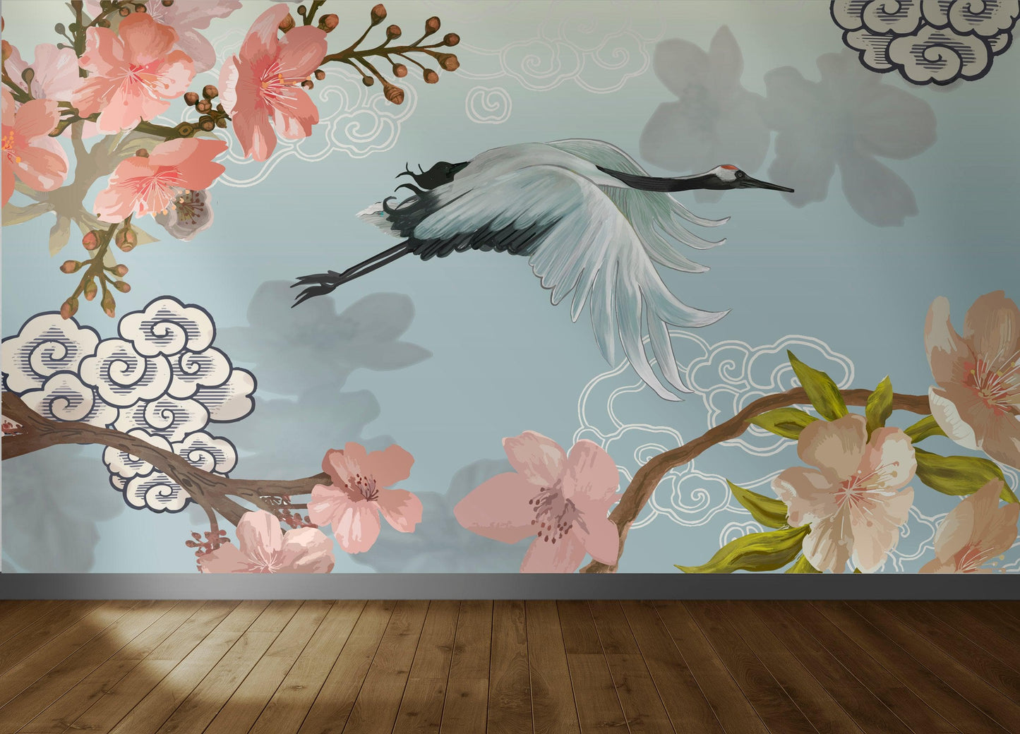 Manchurian Crane Flying Over Cherry Blossoms Peel and Stick Wallpaper | Removable Wall Mural. #6205