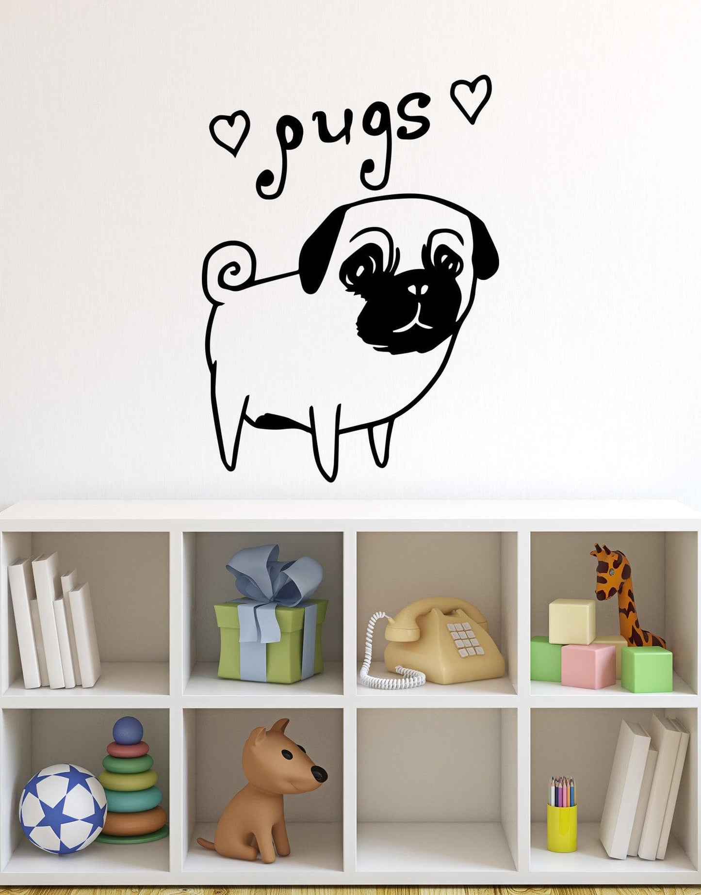 Cute Pug Dog Wall Decal. Hearts. I Love Pugs. #OS_MB504