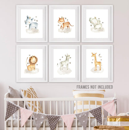 Nursery Safari Animal Posters (set of 6) Prints. Baby Elephant, Giraffe, Hippo, Lion, Tiger and Zebra #P1005