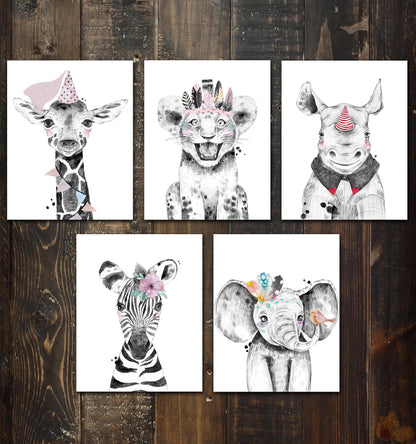 Nursery Safari Baby Animal Posters (set of 5) Prints. Unframed. Great gifts for Baby shower, Kids Bedroom or Bathroom Decor. Baby Elephant, Giraffe, Rhino, Lion and Zebra #P1022